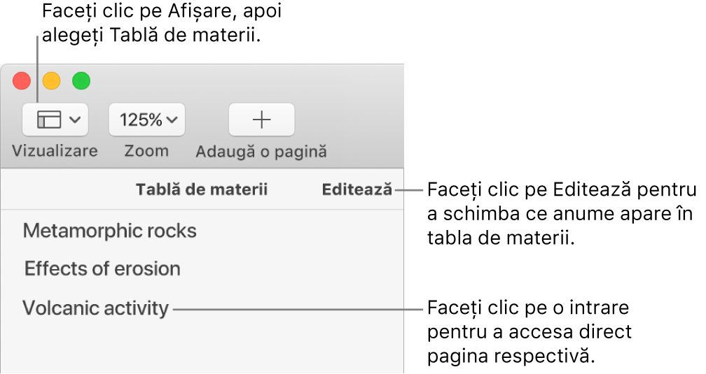 Tabla de materii din partea stângă a ferestrei Pages, cu butonul Editează în colțul dreapta sus al barei laterale și intrările dintr-o listă a tablei de materii. Butonul Vizualizare se află în colțul stânga sus al barei de instrumente Pages, deasupra barei laterale.