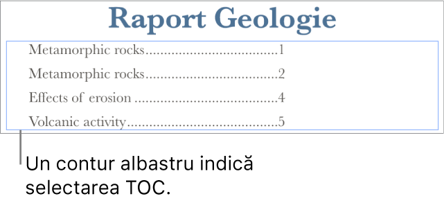 O tablă de materii inserată într-un document. Intrările afișează anteturile, împreună cu numerele de pagină aferente.