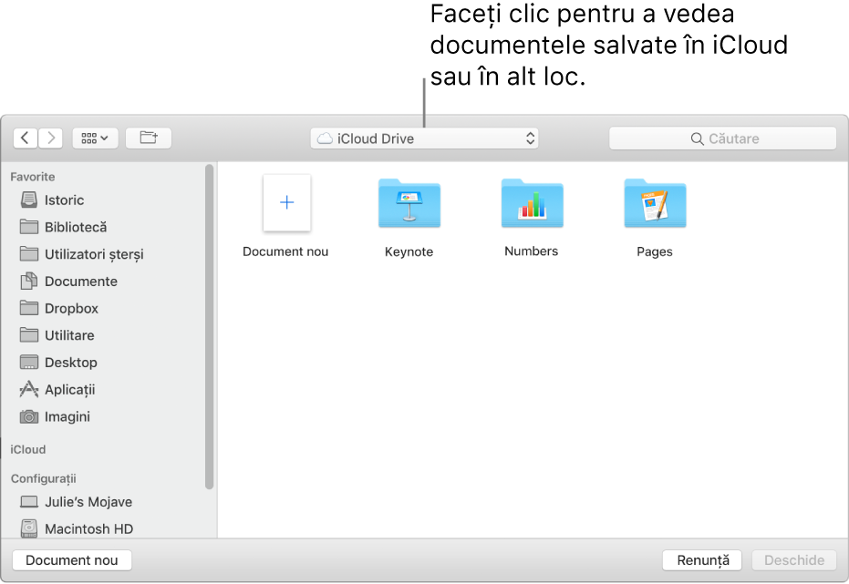 Dialogul Deschide cu bara laterală deschisă în stânga și iCloud Drive selectat în meniul pop-up din partea de sus. Dosarele pentru Keynote, Numbers și Pages apar în dialog împreună cu un buton Document nou.