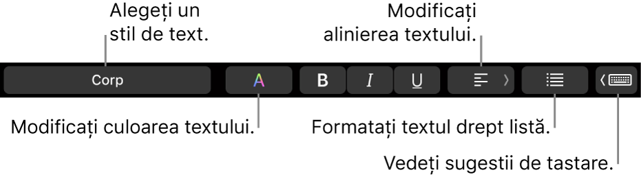 Bara Touch Bar de pe MacBook Pro, cu comenzi pentru alegerea unui stil de text, schimbarea culorii textului, schimbarea alinierii textului, formatarea textului ca listă și afișarea sugestiilor de scriere.