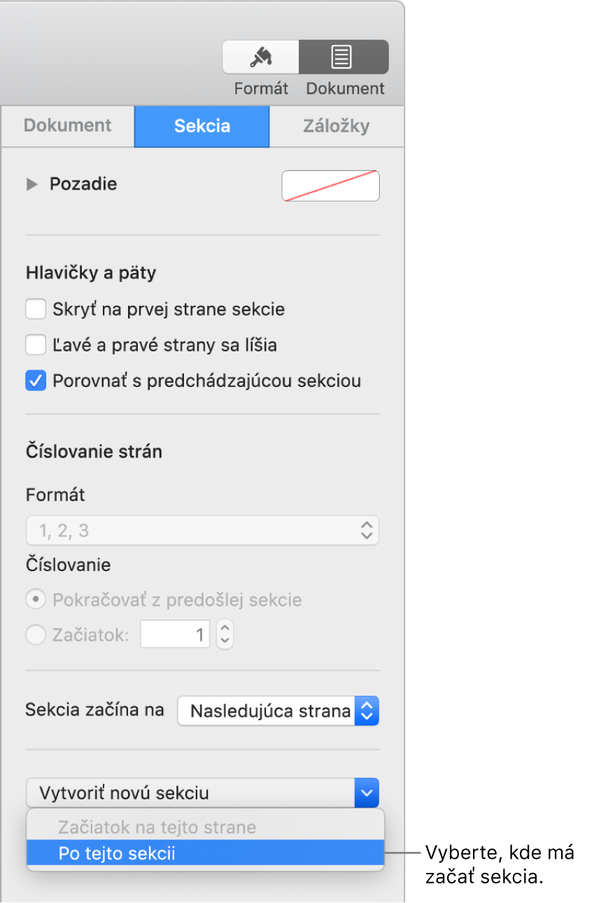 Postranný panel Dokument s označenou záložkou Sekcia. V spodnej časti postranného panela sa nachádza vyskakovacie menu „Sekcia začína na“ a vyskakovacie menu Vytvoriť novú sekciu.