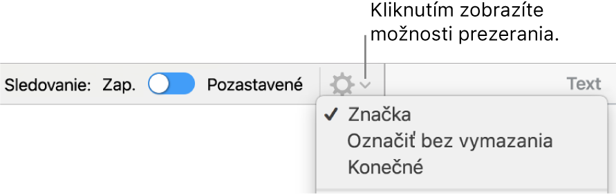 Menu s možnosťami revízie zobrazujúce funkcie Značka, Označiť bez vymazania a Konečné.