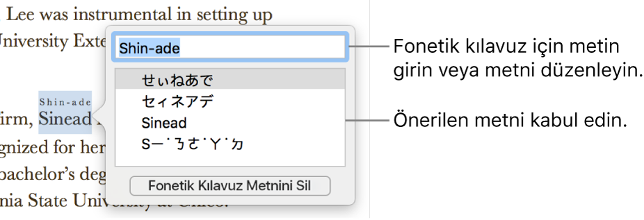 Bir sözcük için fonetik kılavuz, metin alanına ve önerilen metne ilişkin gösterimlere açılır.