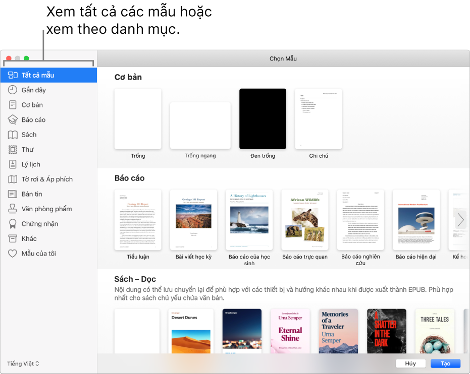 Mở bộ chọn mẫu. Một thanh bên ở bên trái liệt kê các danh mục mà bạn có thể bấm vào để lọc các tùy chọn. Ở bên phải là các hình thu nhỏ của các mẫu được thiết kế sẵn được sắp xếp theo các hàng theo danh mục, bắt đầu với Cơ bản ở trên cùng và theo sau là Báo cáo và Sách—Dọc. Menu bật lên Ngôn ngữ và vùng nằm ở góc dưới cùng bên trái và các nút Hủy và Tạo nằm ở góc dưới cùng bên phải.