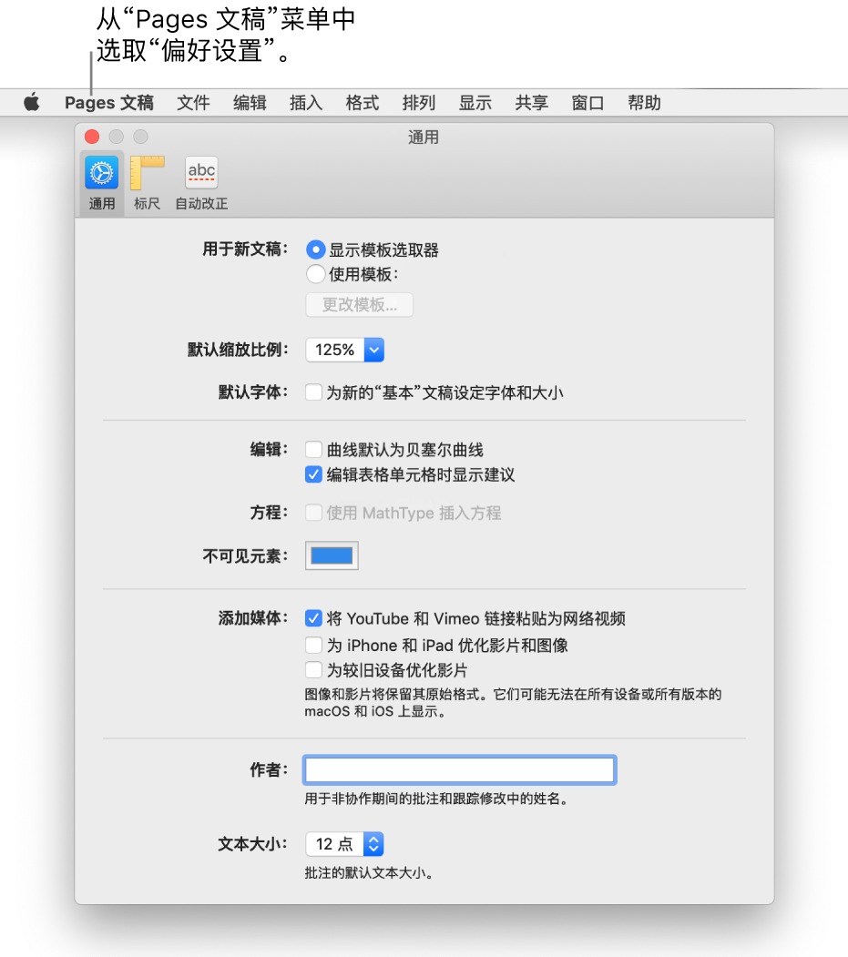 打开了“通用”面板的 Pages 文稿偏好设置窗口。