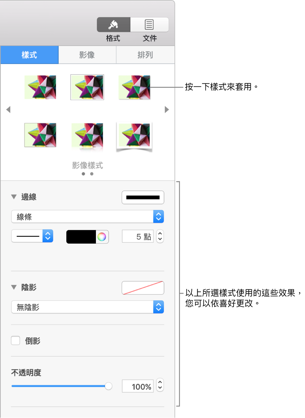「格式」側邊欄的「樣式」標籤頁，其中顯示物件樣式的選項。