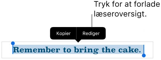 En sætning er valgt, og over den ses en kontekstmenu med knapperne Kopier og Rediger.