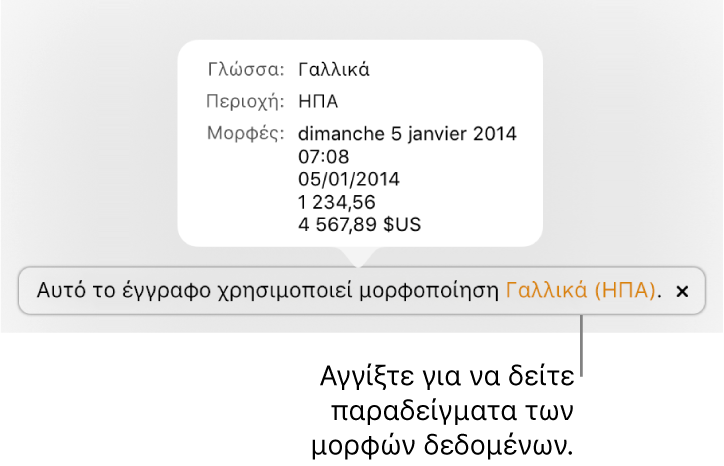 Η γνωστοποίηση διαφορετικής ρύθμισης γλώσσας και περιοχής, δείχνοντας παραδείγματα της μορφοποίησης στη συγκεκριμένη γλώσσα και περιοχή.