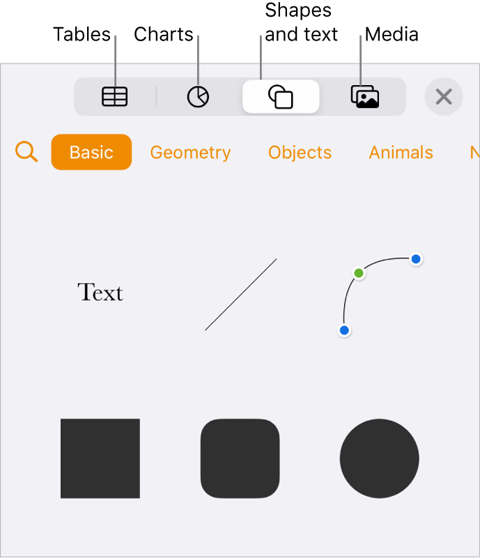 The Insert popover open with buttons for adding tables, charts, text, shapes, and media at the top.