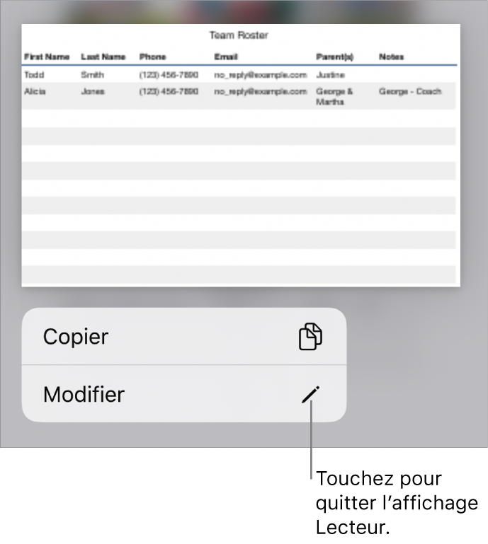 Un tableau est sélectionné et au-dessous de celui-ci se trouve un menu avec les boutons Copier et Modifier.