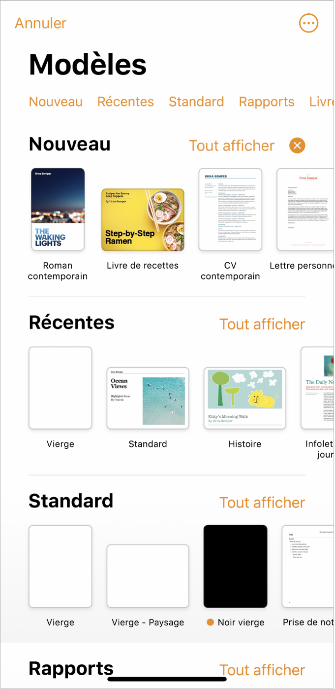 Le sélecteur de modèles affiche en haut une rangée de catégories que vous pouvez toucher pour filtrer les options. En dessous, des vignettes de modèles prédéfinis sont disposées en rangées par catégorie, en commençant en haut par Nouveau, suivi de Récents et de Standard. Un bouton « Voir tout » apparaît au-dessus et à droite de la ligne de chacune des catégories. Le bouton Langue et région se trouve dans le coin supérieur droit.
