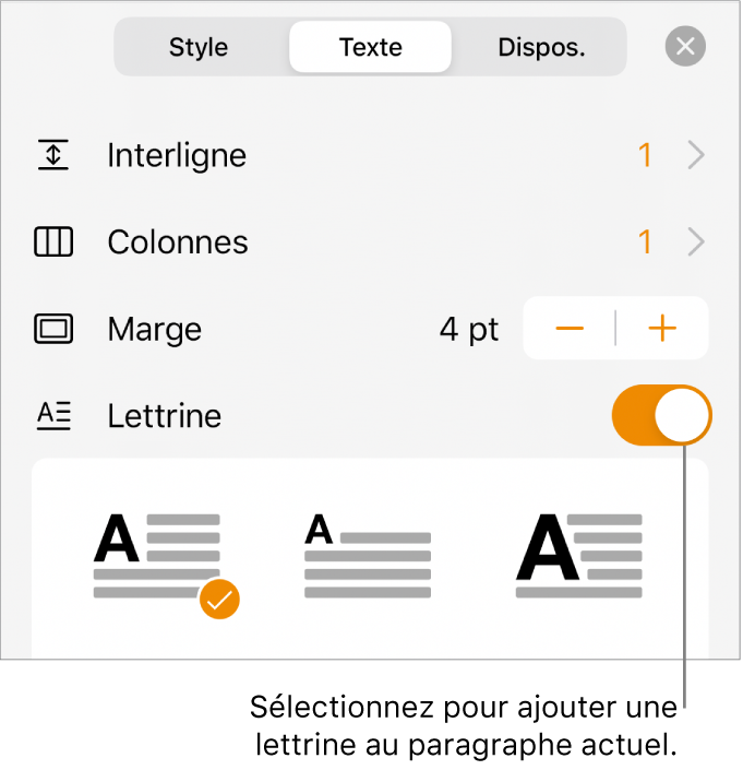 Les commandes Lettrine situées au bas du menu Texte.