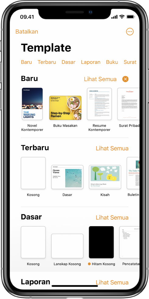 Pemilih template, menampilkan baris kategori di sepanjang bagian atas yang dapat Anda ketuk untuk memfilter pilihan. Di bawah terdapat gambar mini template yang didesain sebelumnya yang diatur dalam baris menurut kategori, dimulai dengan Baru di bagian atas dan diikuti dengan Terbaru dan Dasar. Tombol Lihat Semua muncul di atas dan di sebelah kanan setiap baris kategori. Tombol Bahasa dan Wilayah berada di pojok kanan atas.