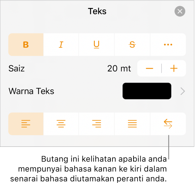 Kawalan teks dalam menu Format dengan petak bual menuding ke butang Kanan ke Kiri.