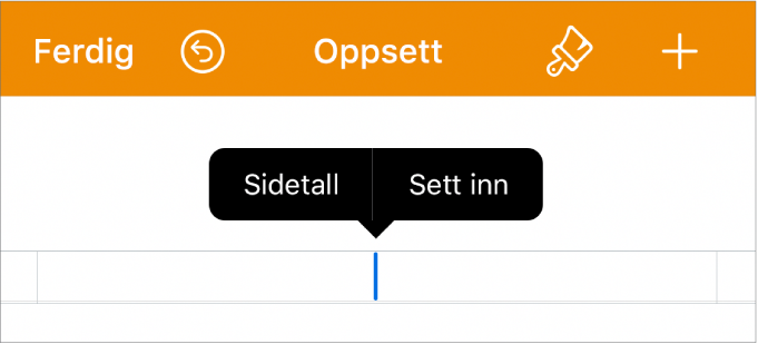 Dokumentoppsett-vinduet med innsettingspunktet i et topptekstfelt og en lokalmeny med to menyobjekter: Sidetall og Sett inn.