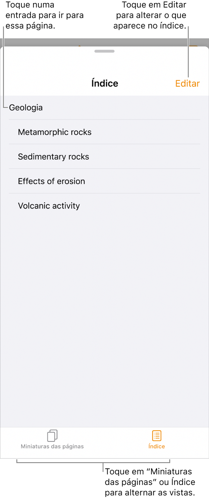 A vista de índice com títulos numa lista. No canto superior direito está o botão Editar e na parte inferior estão os botões “Miniaturas das páginas” e Índice.
