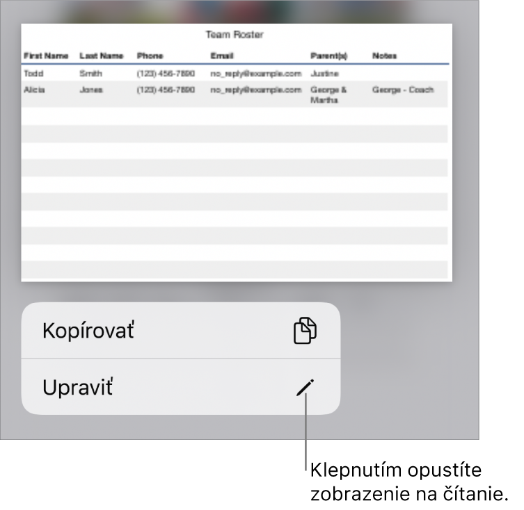 Je označená tabuľka a pod ňou sa zobrazí menu s tlačidlami Kopírovať a Upraviť.