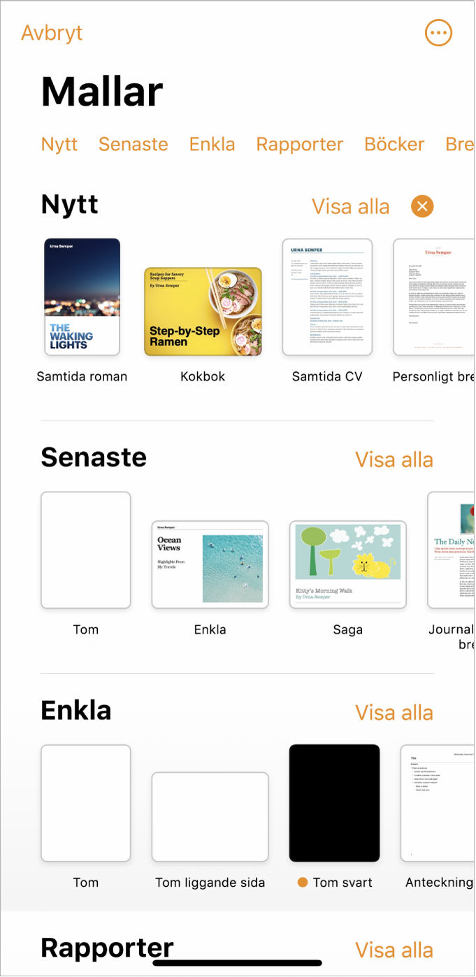 Längs överkanten i mallväljaren visas en rad med kategorier som du kan trycka på om du vill filtrera alternativen. Nedanför finns miniatyrer av fördesignade mallar som är ordnade i rader efter kategorier. Högst upp visas Nytt, följt av Senaste och Enkla. Knappen Visa alla syns ovanför och till höger om varje kategorirad. Knappen för språk och region finns i övre högra hörnet.