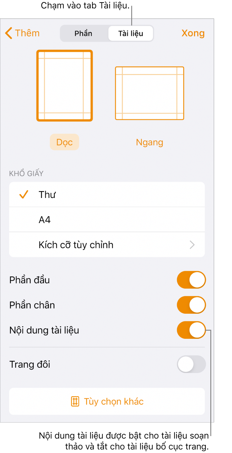 Các điều khiển định dạng Tài liệu với Nội dung tài liệu được bật gần cuối màn hình.