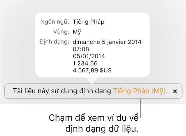 Thông báo về cài đặt ngôn ngữ và vùng khác, đang hiển thị các ví dụ về định dạng trong ngôn ngữ và vùng đó.