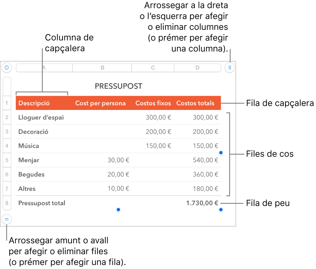 Una taula que mostra files i columnes de capçalera, de cos i de peu de pàgina i marcadors per afegir o eliminar files o columnes.