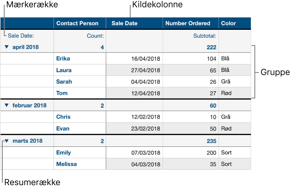 En kategoriseret tabel, der viser kildekolonne, grupper, resumerække og mærkerække.