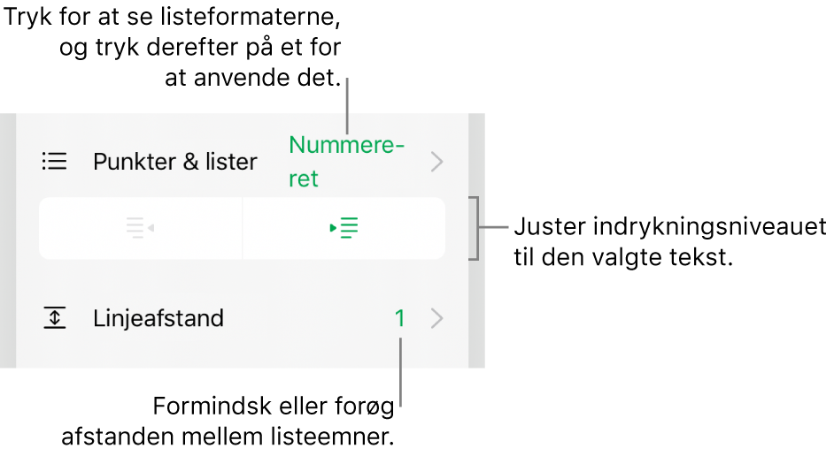 Området Punkter & lister under betjeningsmulighederne til format med billedforklaringer til Punkter & lister, knapperne Ryk ind og Ryk ud og betjeningsmulighederne til linjeafstand.