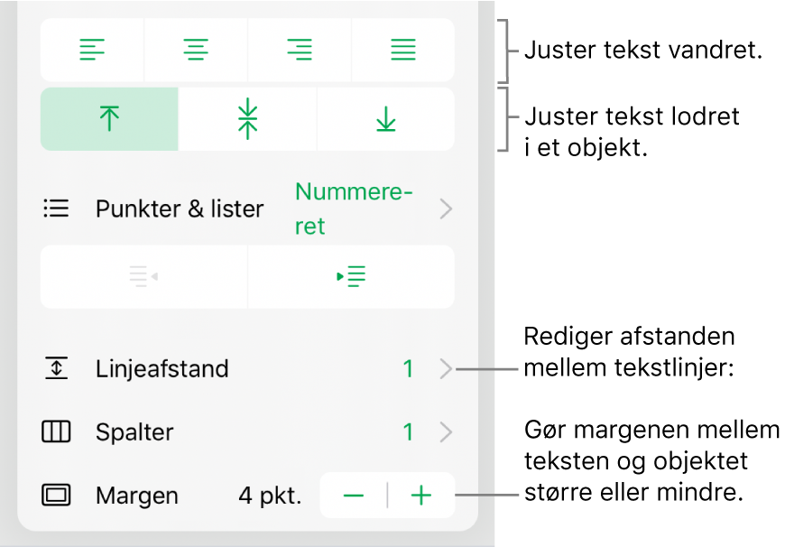 Layout i Info om format med billedforklaringer til knapperne til justering af tekst og afstand.