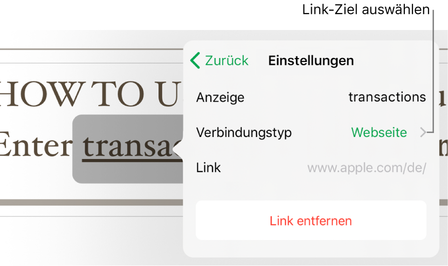 Das Popover „Linkeinstellungen“ mit Feldern für „Anzeigen“, „Ziel“ (auf Webseite eingestellt“) und „Link“. Unten befindet sich die Taste „Link entfernen“.