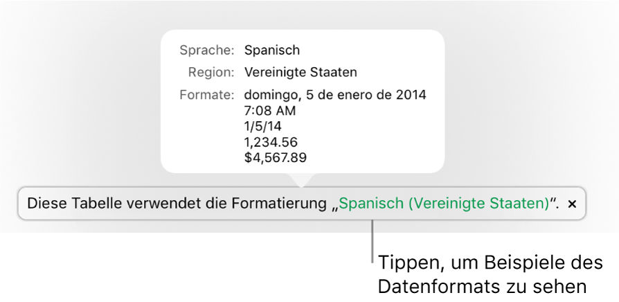 Die Mitteilung zur anderen Sprache und Region mit Beispielen der Formatierung in dieser Sprache und Region.