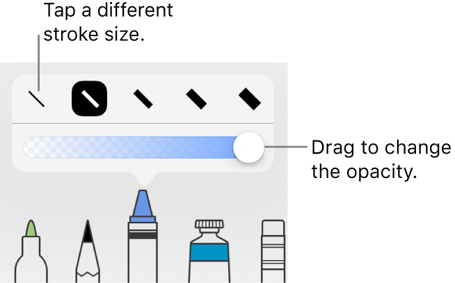 Controls for choosing a stroke size and a slider for adjusting the opacity.