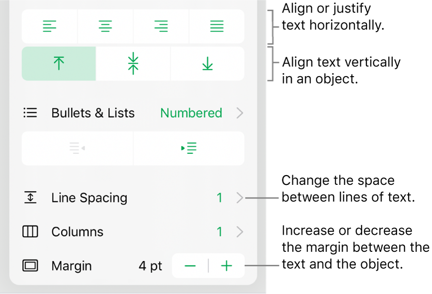 The Layout section of the Format inspector with call outs to the text alignment and spacing buttons.