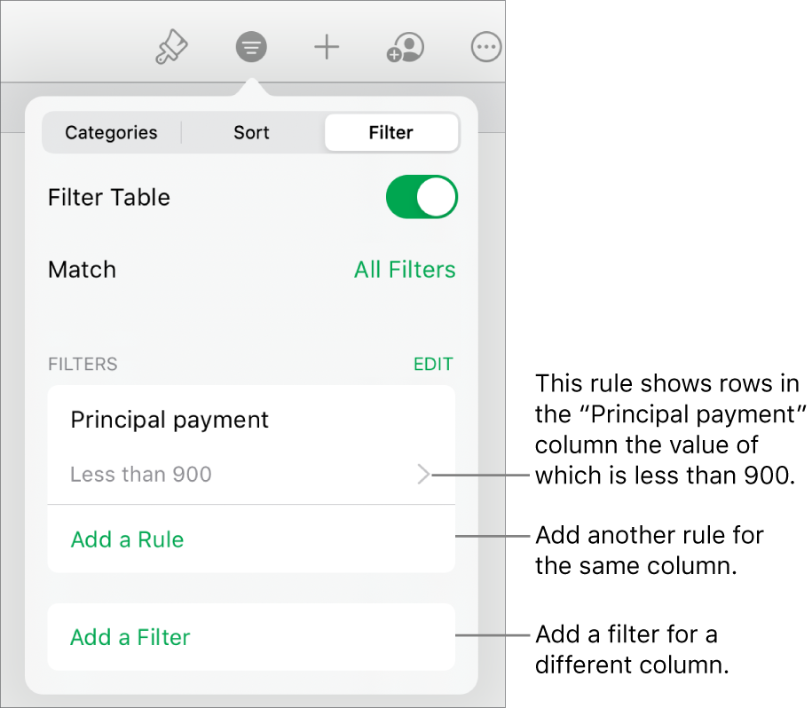 Controls for adding new filtering rules or editing existing ones.