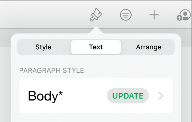 A paragraph style with an asterisk next to it and an Update button on the right.