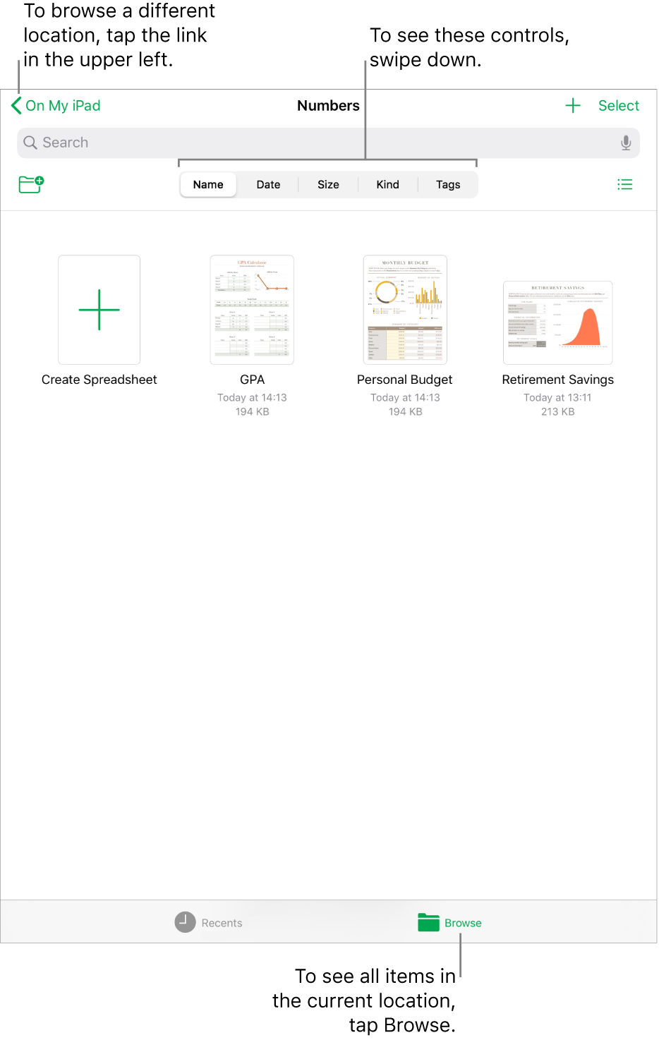 The browse view of the spreadsheet manager with a location link in the top-left corner and below it a Search field. In the row below Search are the New Folder button; buttons to filter by name, date, size and tag; and the list or icon view button. Below these are the Create Spreadsheet button, then thumbnails of existing spreadsheets. At the bottom of the screen are a Recents button and Browse button.