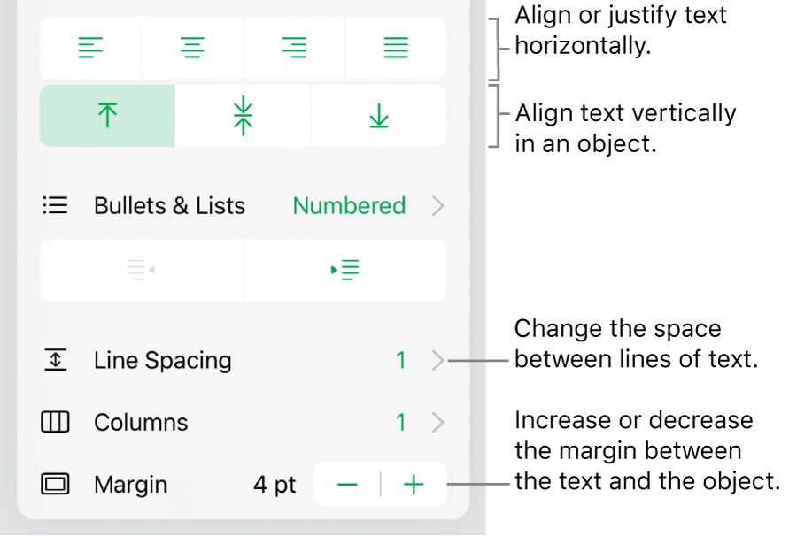 The Layout section of the Format inspector with callouts to the text alignment and spacing buttons.