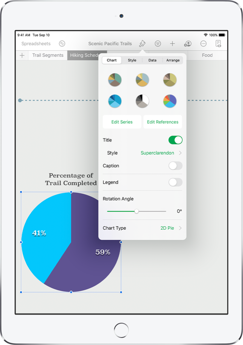 A pie chart showing percentages of trails completed. The Format menu is also open, showing different chart styles to choose from, as well as options to edit the series or chart references, turn the chart title or legend on or off, adjust the rotation angle of the chart, and change the chart type.