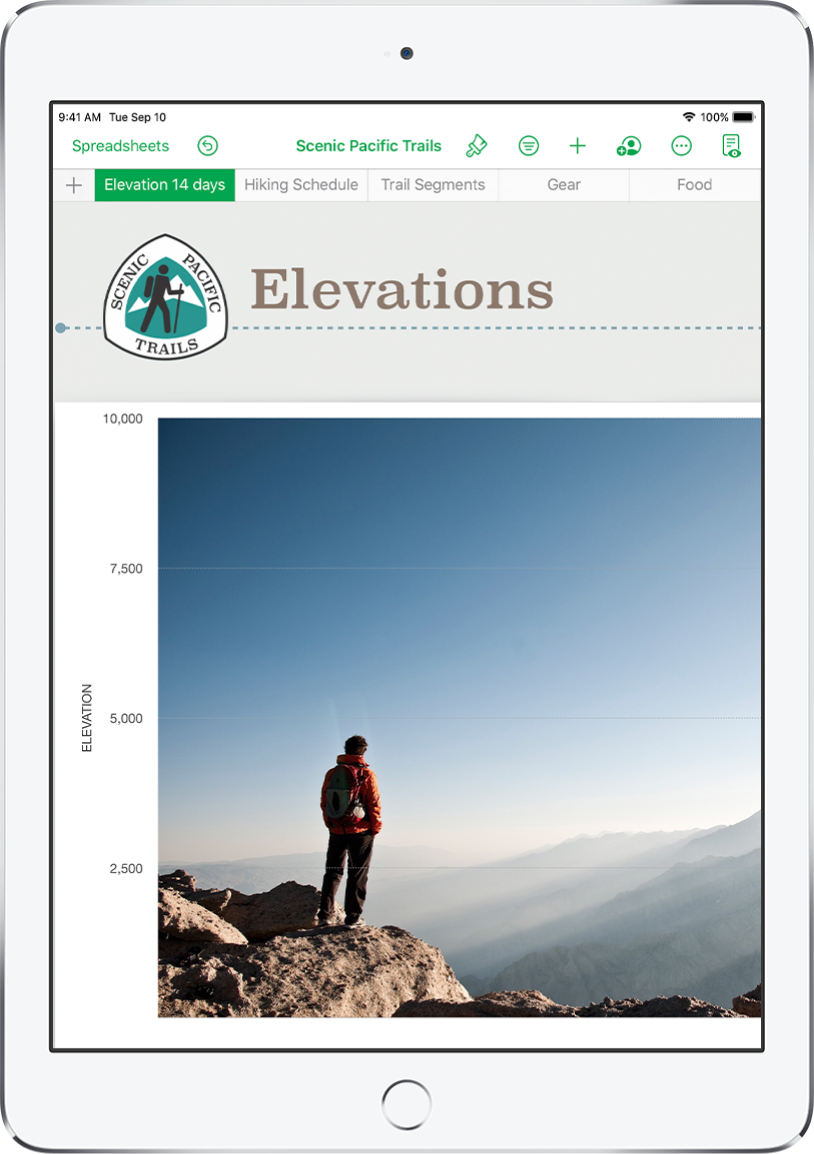 A spreadsheet tracking hiking information, showing sheet names near the top of the screen. The Add Sheet button is on the left, followed by sheet tabs for Elevation, Hiking Schedule, Trail Segments, Gear, and Food.