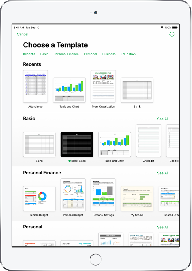 The template chooser, showing a row of categories across the top that you can tap to filter the options. Below are thumbnails of predesigned templates arranged in rows by category, starting with Recents at the top and followed by Basic and Personal Finance. A See All button appears above and to the right of each category row. The Language and Region button is in the top-right corner.