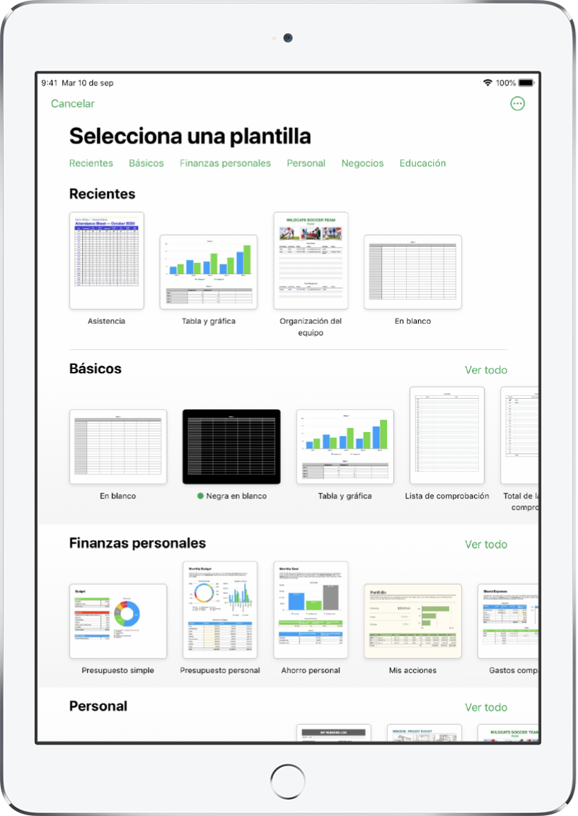 El selector de plantilla muestra una fila de categorías a lo largo de la parte superior en las que puedes tocar para filtrar las opciones. En la parte inferior, organizadas en filas por categoría, aparecen miniaturas de las plantillas prediseñadas, comenzando con la categoría Recientes en la parte superior, seguida por las categorías Básicas y Finanzas personales. En la parte superior derecha de cada fila de categoría aparece un botón Ver todo. El botón “Idioma y región” se encuentra en la esquina superior derecha.