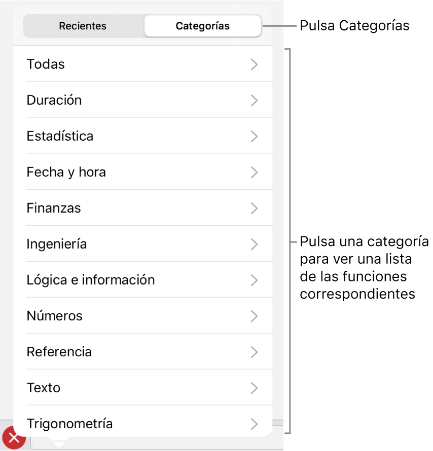 El explorador de funciones con el botón Categorías seleccionado y la lista de categorías debajo.