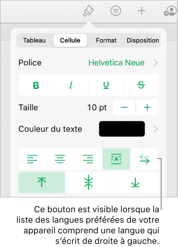 La section Texte du menu Format avec une légende pour le bouton De droite à gauche.