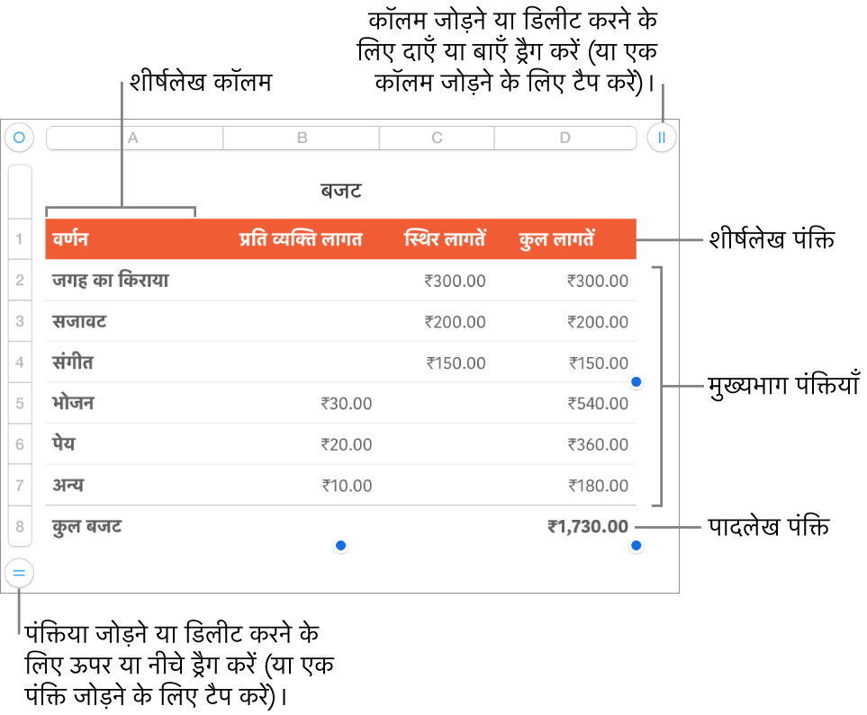 शीर्षलेख, मुख्य भाग, और पादलेख पंक्तियाँ और कॉलम, और पंक्तियाँ या कॉलम जोड़ने या डिलीट करने के हैंडल दिखाती तालिका।