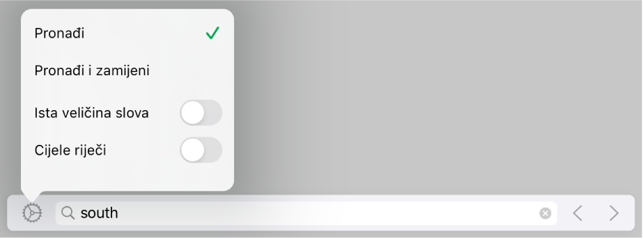 Izbornik s opcijama pretraživanja Nađi, Nađi i zamijeni, Uskladi veličinu slova i Cijele riječi.
