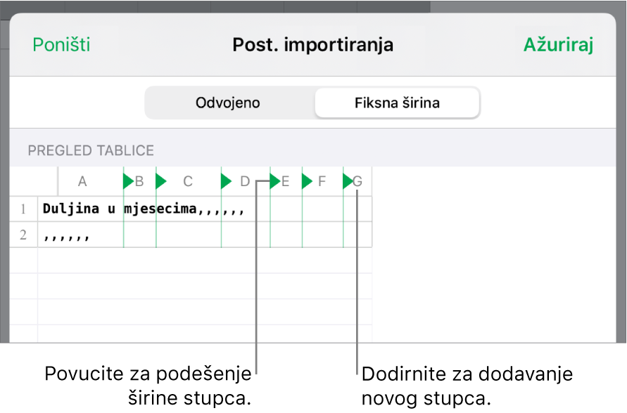 Postavke importiranja za tekstualnu datoteku fiksne širine.