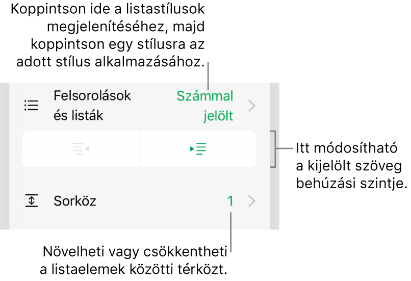 A Formátum vezérlők Felsorolások és listák része, a Felsorolásokat és a listákat, a kihúzás és a behúzás gombokat, valamint a sor térköz vezérlőket jelölő feliratokkal.