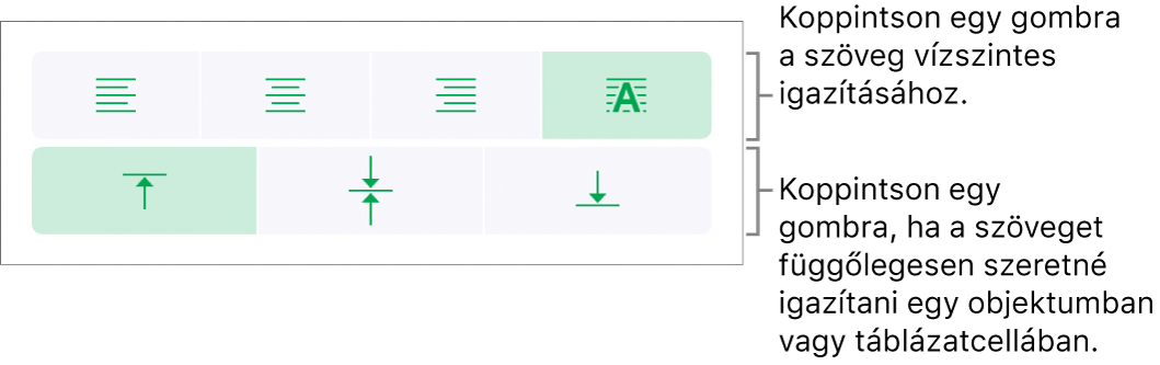 A szövegek vízszintes és függőleges igazítására szolgáló gombok.