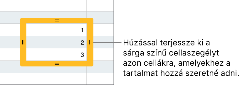 Egy kijelölt cella egy nagyméretű sárga szegéllyel, amelyet igény szerint elhúzhat a cellák automatikus kitöltéséhez.