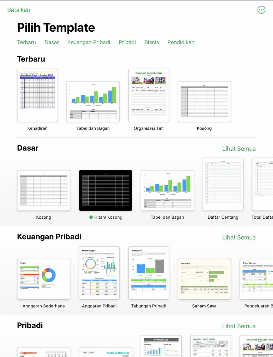 Pemilih template, menampilkan baris kategori di sepanjang bagian atas yang dapat Anda ketuk untuk memfilter pilihan. Di bawah adalah gambar mini template yang dirancang sebelumnya yang diatur menurut kategori, dimulai dengan Terbaru di bagian atas dan diikuti oleh Dasar dan Keuangan Pribadi. Tombol Lihat Semua muncul di atas dan di sebelah kanan setiap baris kategori. Tombol Bahasa dan Wilayah berada di pojok kanan atas.