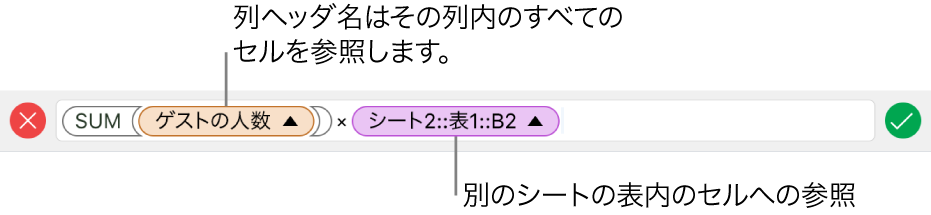 数式エディタ。1つの表の列と別の表のセルを参照する数式が表示されている状態。